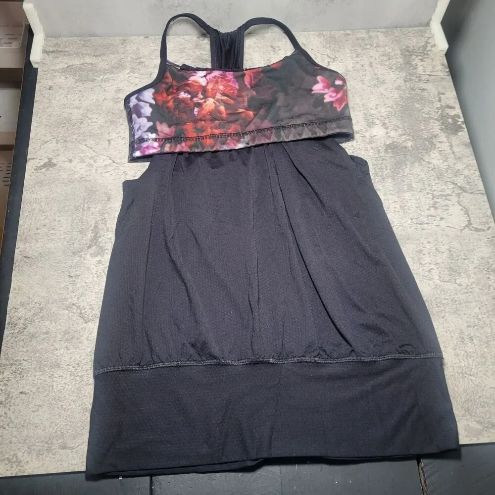Lululemon No Limits Tank Top Black Spring Has Sprung Multi 2 In One Women's SZ 6
